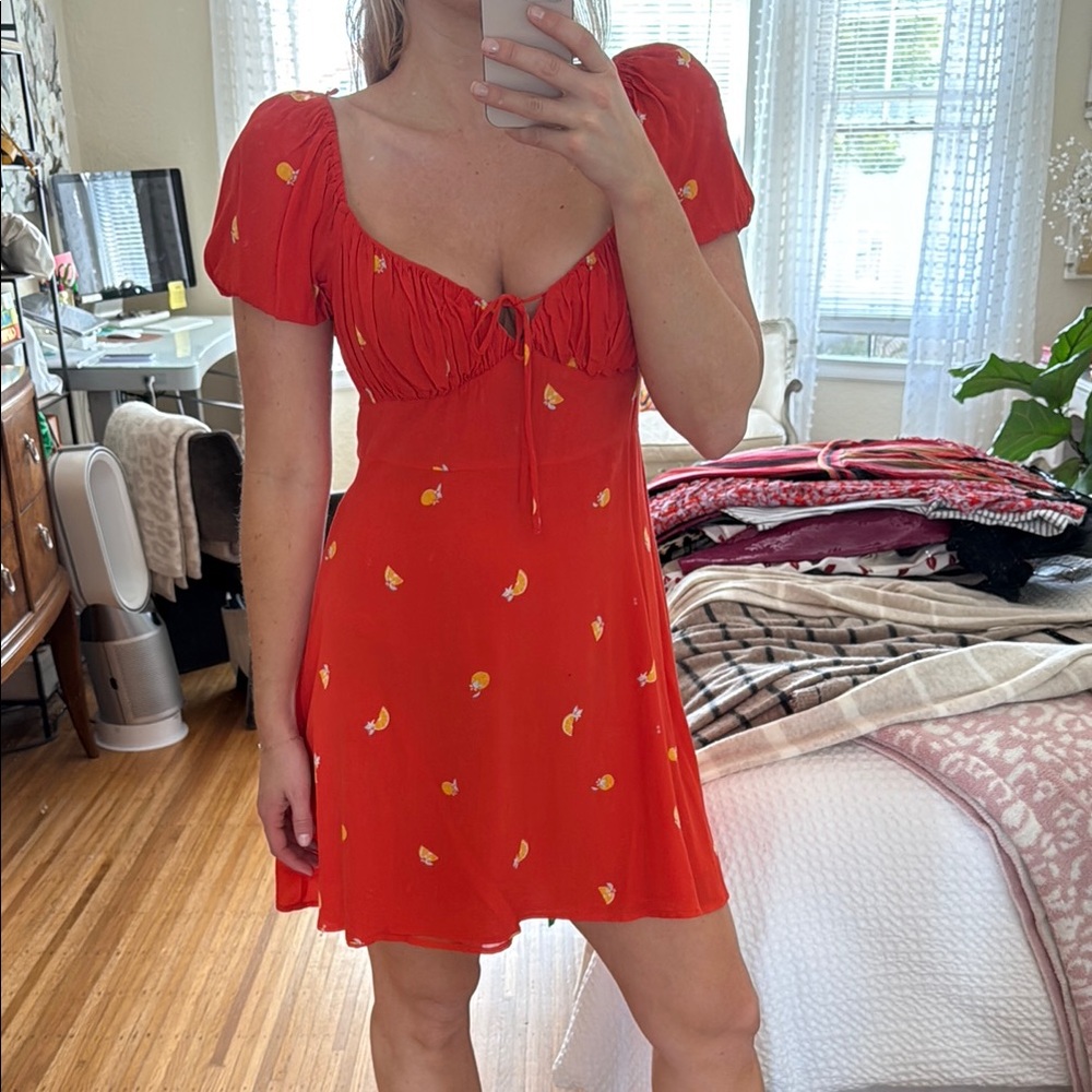Astr Orange Slices Puff Sleeve Mini Sundress